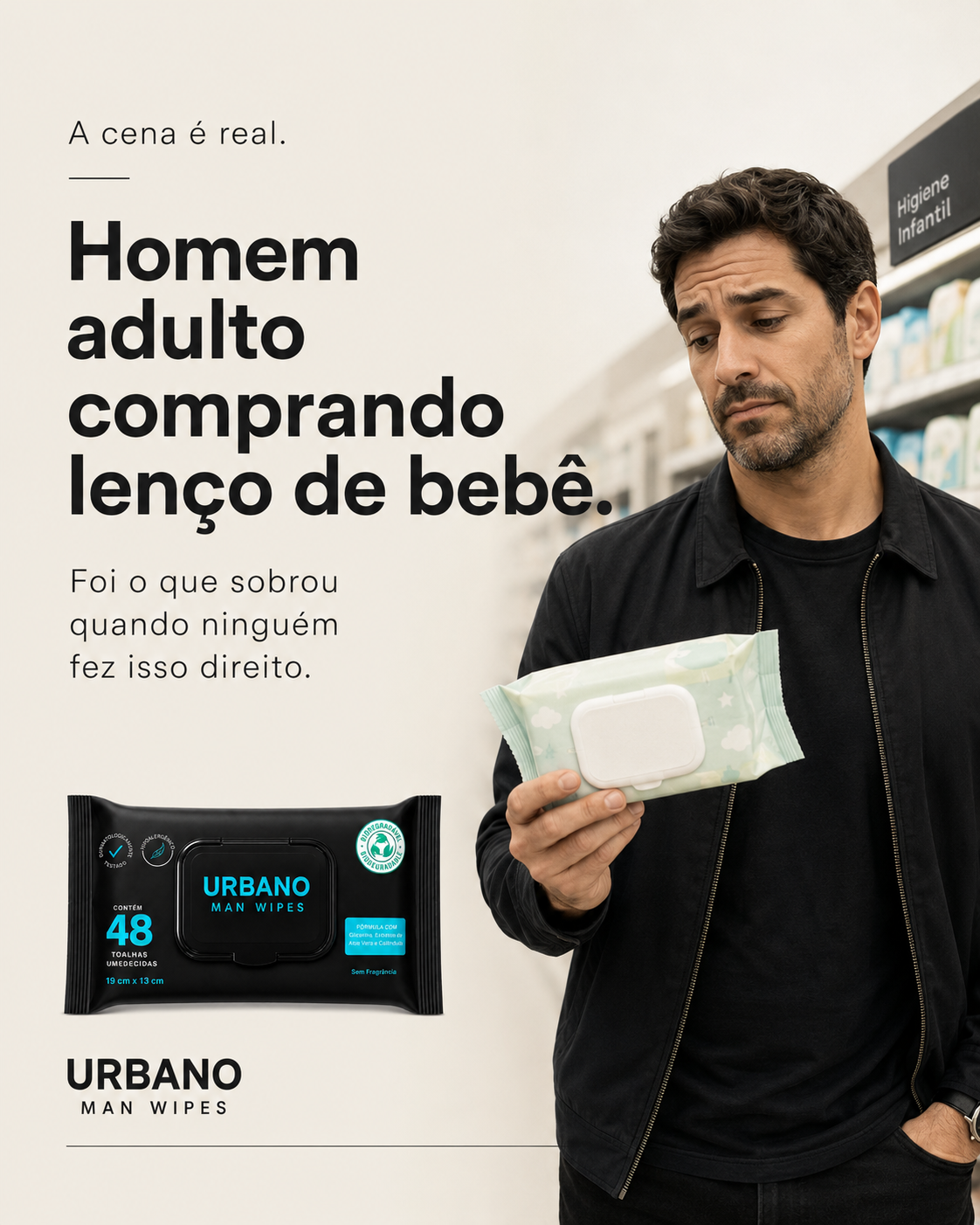 Lenço Umedecido Masculino Urbano Wipes – 1 Pacote com 48 Lenços Resistentes