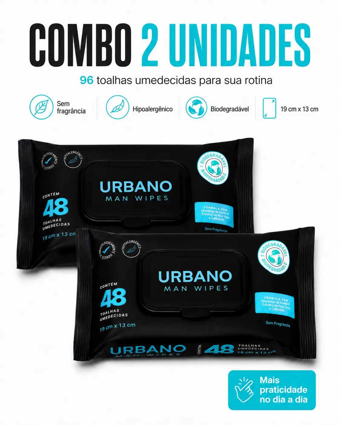 Lenço Umedecido Masculino Urbano Wipes Kit 2x48 – 96 Lenços Resistentes Urbano Wipes