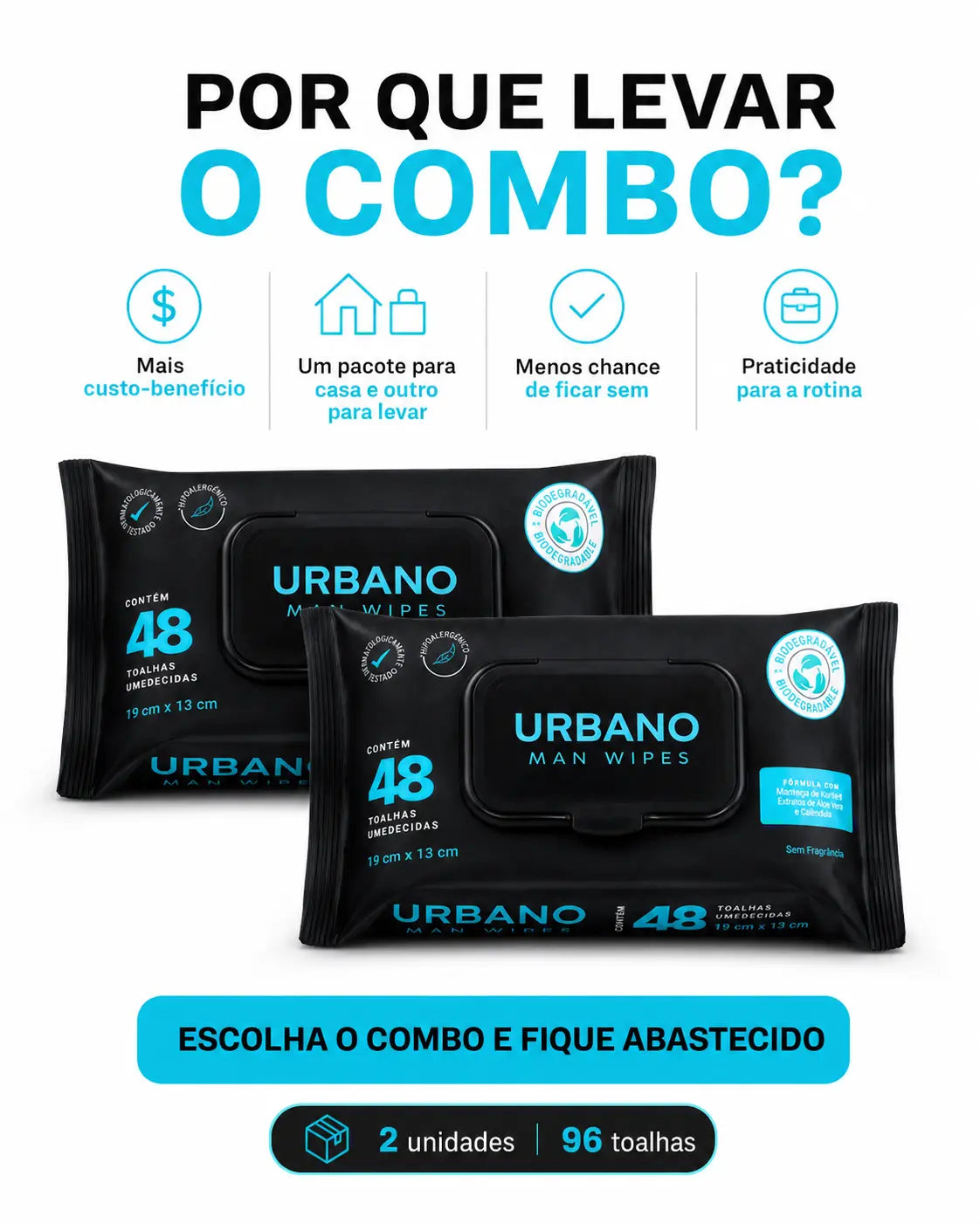 Lenço Umedecido Masculino Urbano Wipes Kit 2x48 – 96 Lenços Resistentes Urbano Wipes